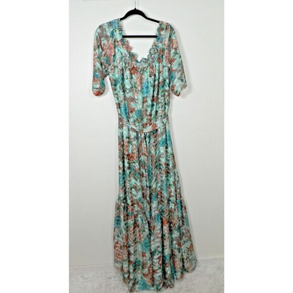 Unique Vintage Sample Dress Plus Size 3XL Green Floral Off The Shoulder Maxi - Picture 12 of 14